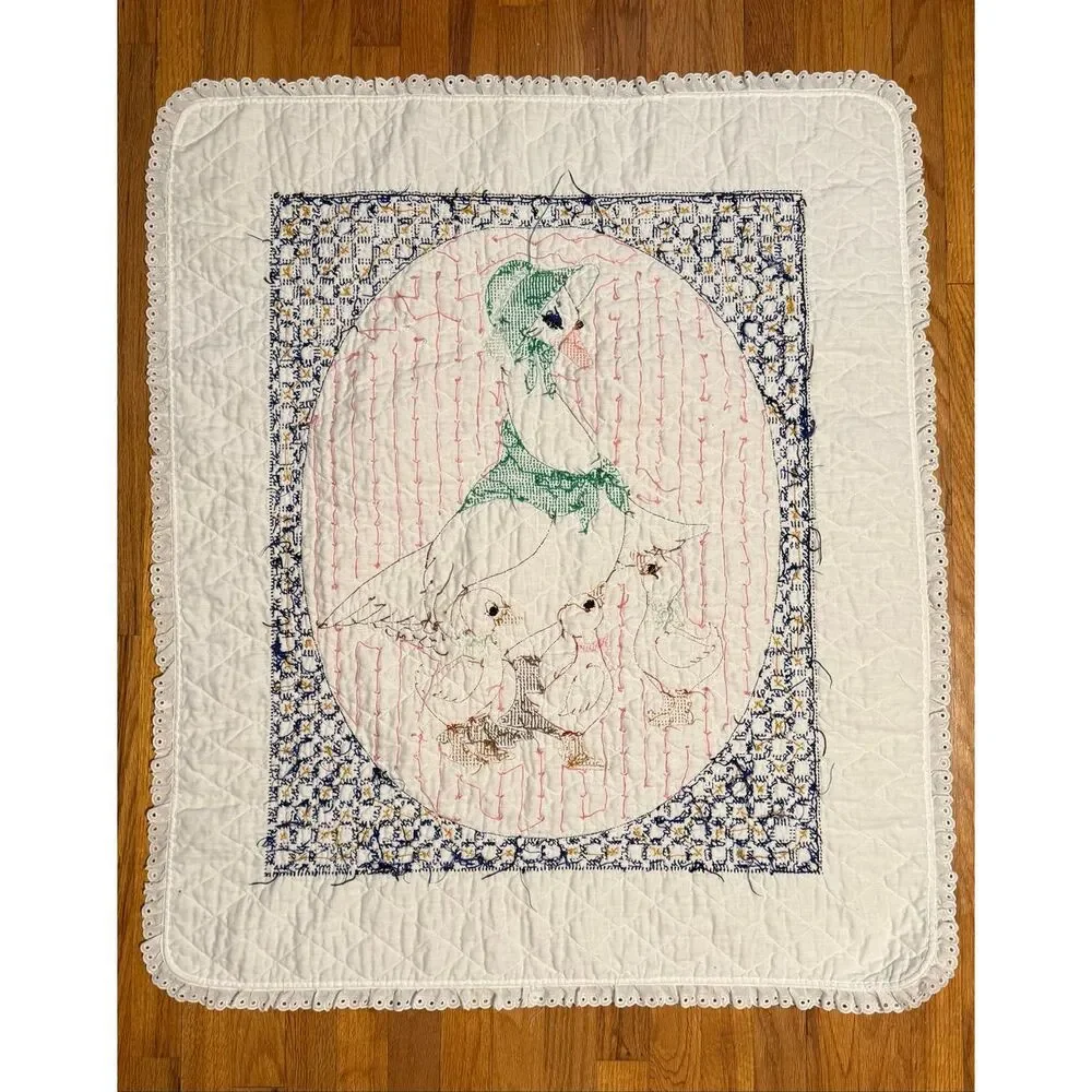 Vintage Mother Goose Cross Stitch Baby Crib Blanket Cottagecore